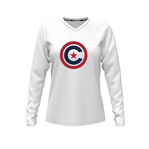[CUS-DFW-TEES-CMF-VNK-LSL-WHT-FYXS-LOGO1] Decker Comfort T-Shirt (Female Youth XS, White, V Neck, Logo 1, Long Sleeve)