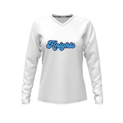 [CUS-DFW-TEES-CMF-VNK-LSL-WHT-FYXS-LOGO3] Decker Comfort T-Shirt (Female Youth XS, White, V Neck, Logo 3, Long Sleeve)