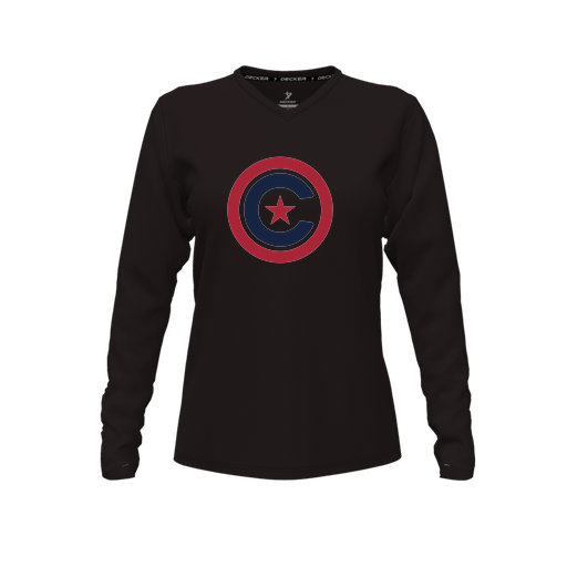 [CUS-DFW-TEES-CMF-VNK-LSL-BLK-FYXS-LOGO1] Decker Comfort T-Shirt (Female Youth XS, Black, V Neck, Logo 1, Long Sleeve)