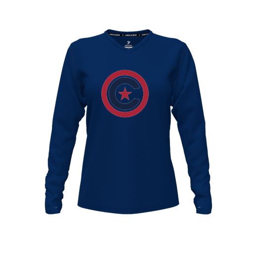 [CUS-DFW-TEES-CMF-VNK-LSL-NVY-FYXS-LOGO1] Decker Comfort T-Shirt (Female Youth XS, Navy, V Neck, Logo 1, Long Sleeve)