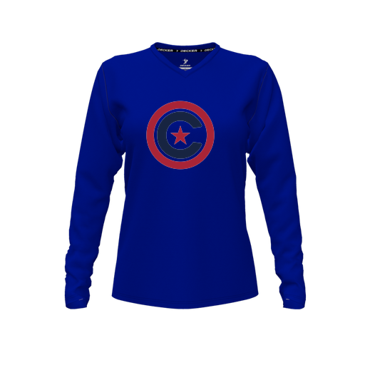 [CUS-DFW-TEES-CMF-VNK-LSL-RYL-FYXS-LOGO1] Comfort T-Shirt (Female Youth XS, Royal, V Neck, Logo 1, Long Sleeve)