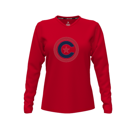 [CUS-DFW-TEES-CMF-VNK-LSL-RED-FYXS-LOGO1] Decker Comfort T-Shirt (Female Youth XS, Red, V Neck, Logo 1, Long Sleeve)