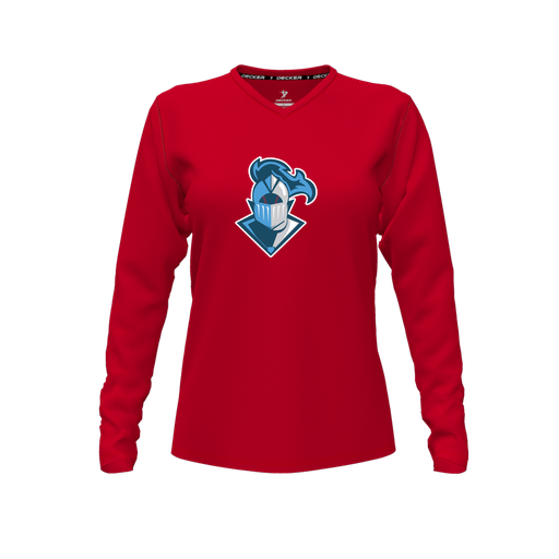 [CUS-DFW-TEES-PER-VNK-LSL-RED-FYXS-LOGO2] Decker Performance T-Shirt (Female Youth XS, Red, V Neck, Logo 2, Long Sleeve)