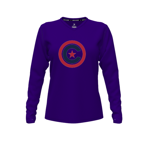 [CUS-DFW-TEES-PER-VNK-LSL-PUR-FYXS-LOGO1] Decker Performance T-Shirt (Female Youth XS, Purple, V Neck, Logo 1, Long Sleeve)