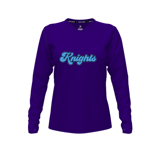 [CUS-DFW-TEES-PER-VNK-LSL-PUR-FYXS-LOGO3] Decker Performance T-Shirt (Female Youth XS, Purple, V Neck, Logo 3, Long Sleeve)