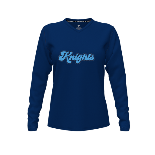 [CUS-DFW-TEES-CMF-VNK-LSL-NVY-FYXS-LOGO3] Decker Comfort T-Shirt (Female Youth XS, Navy, V Neck, Logo 3, Long Sleeve)