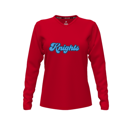 [CUS-DFW-TEES-CMF-VNK-LSL-RED-FYXS-LOGO3] Comfort T-Shirt (Female Youth XS, Red, V Neck, Logo 3, Long Sleeve)